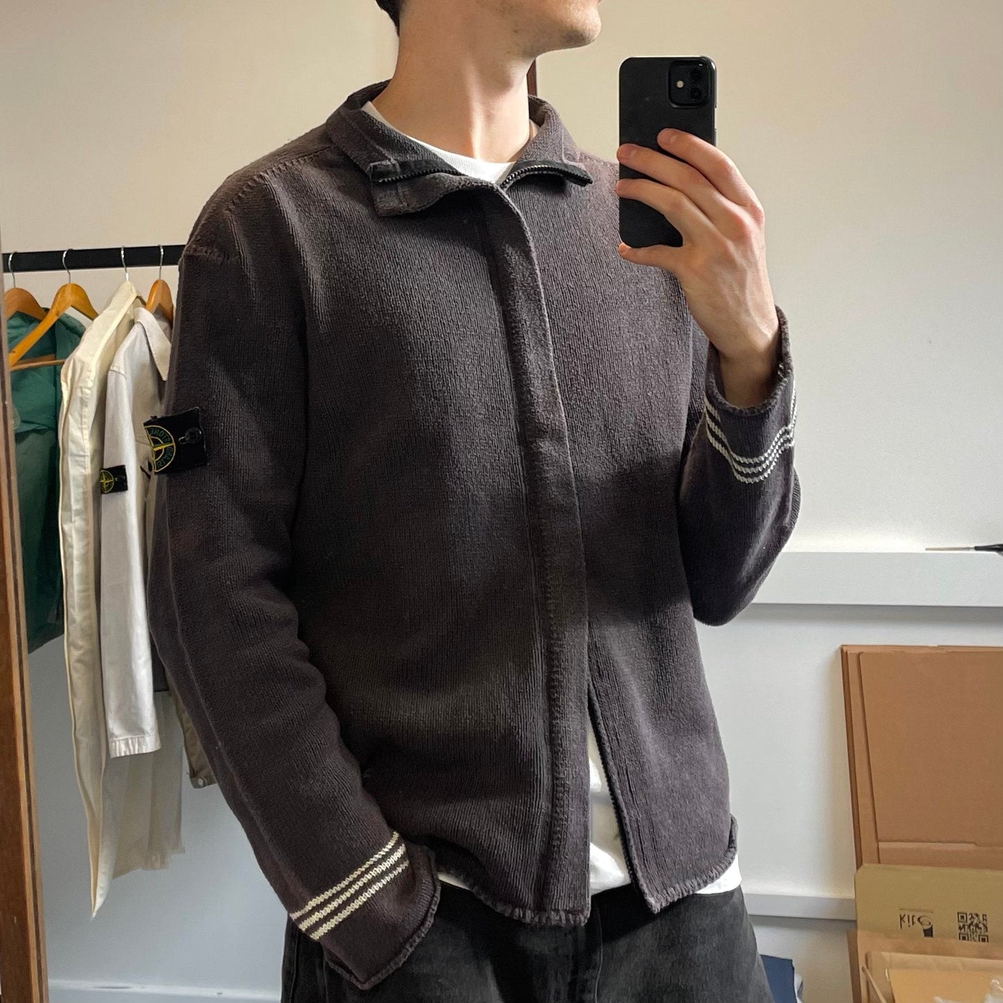 Stone Island Dark Grey Vintage Zip-Through Knit Jumper | X-Large, Grey