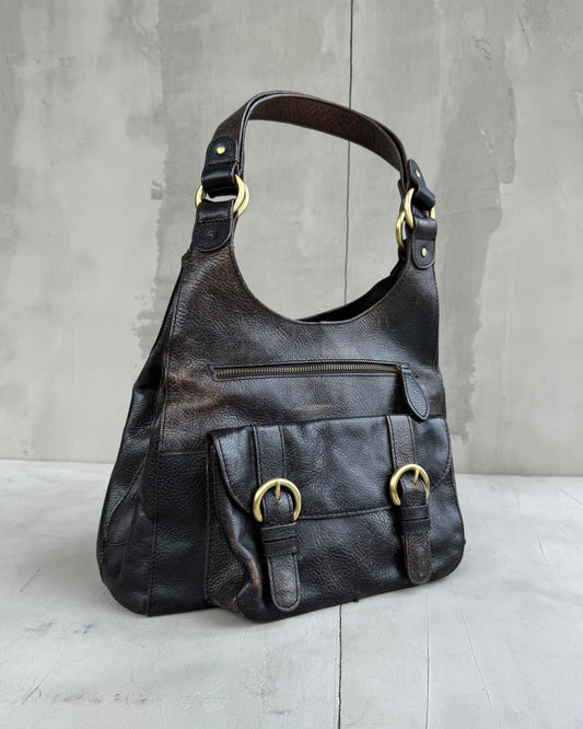 BROWN MULTI-POCKET LEATHER SHOULDER BAG