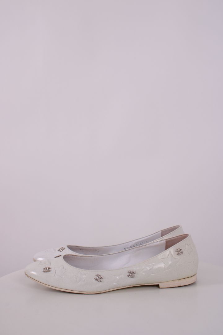 Chanel CC Star Embellished Glitter Flats White/ Silver 40.5 | DEFAULT TITLE, Silver