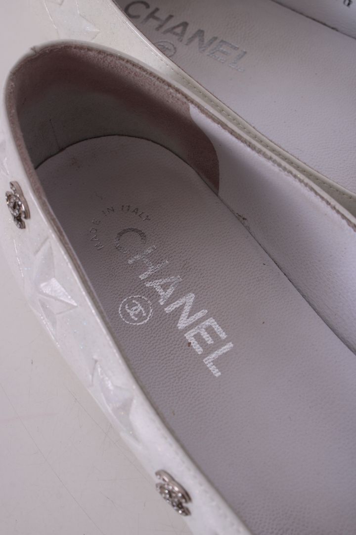 Chanel CC Star Embellished Glitter Flats White/ Silver 40.5 | DEFAULT TITLE, Silver