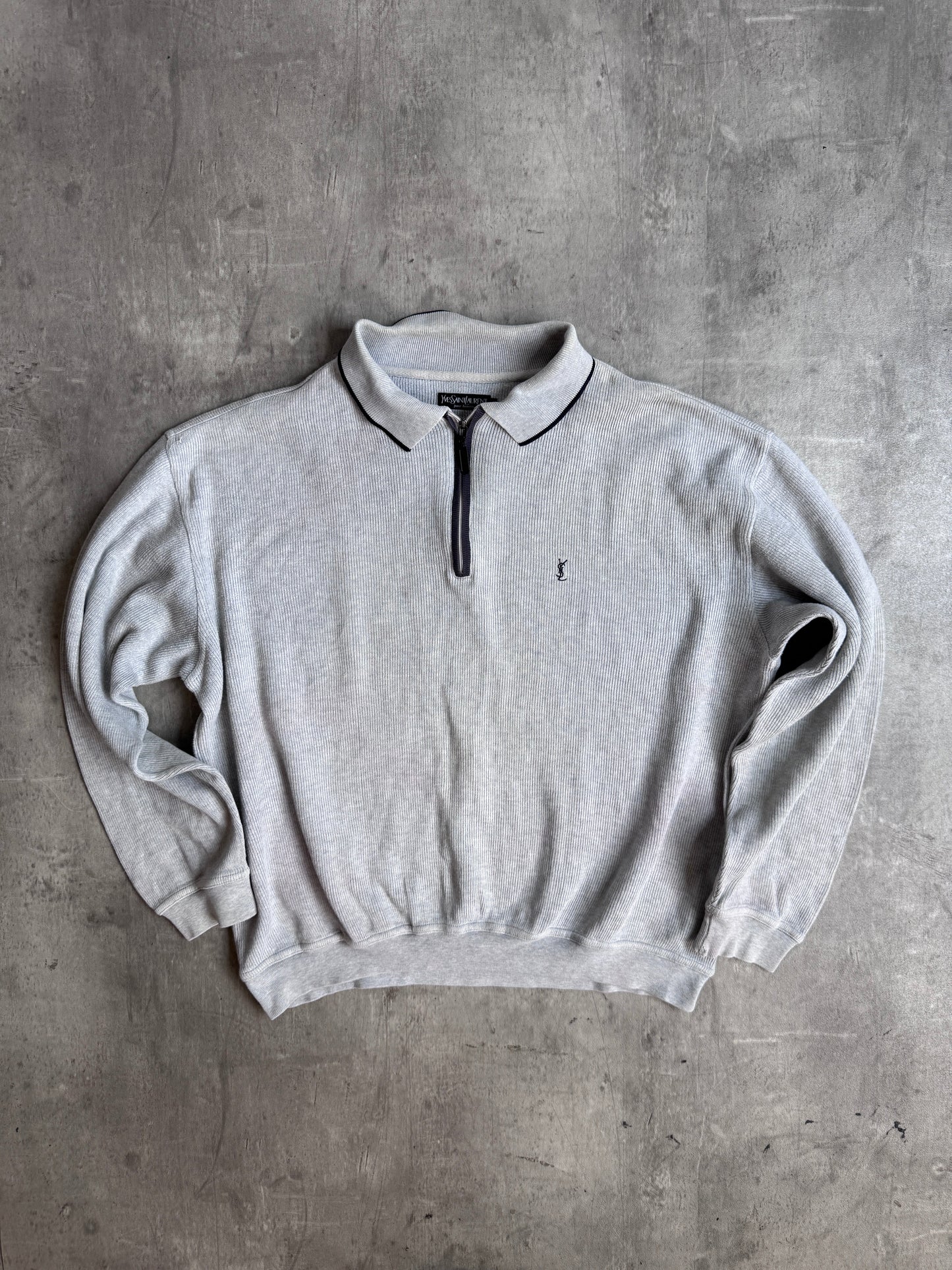 YSL Grey Ribbed Quarter Zip Sweater