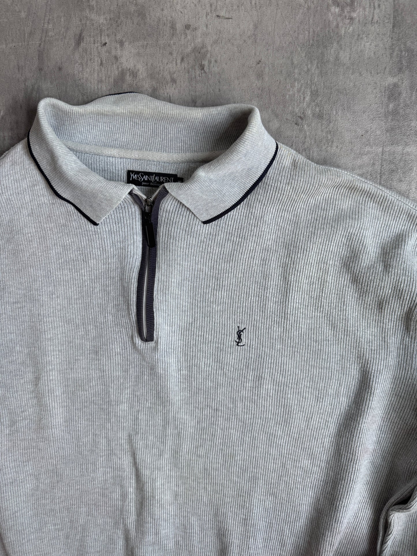 YSL Grey Ribbed Quarter Zip Sweater