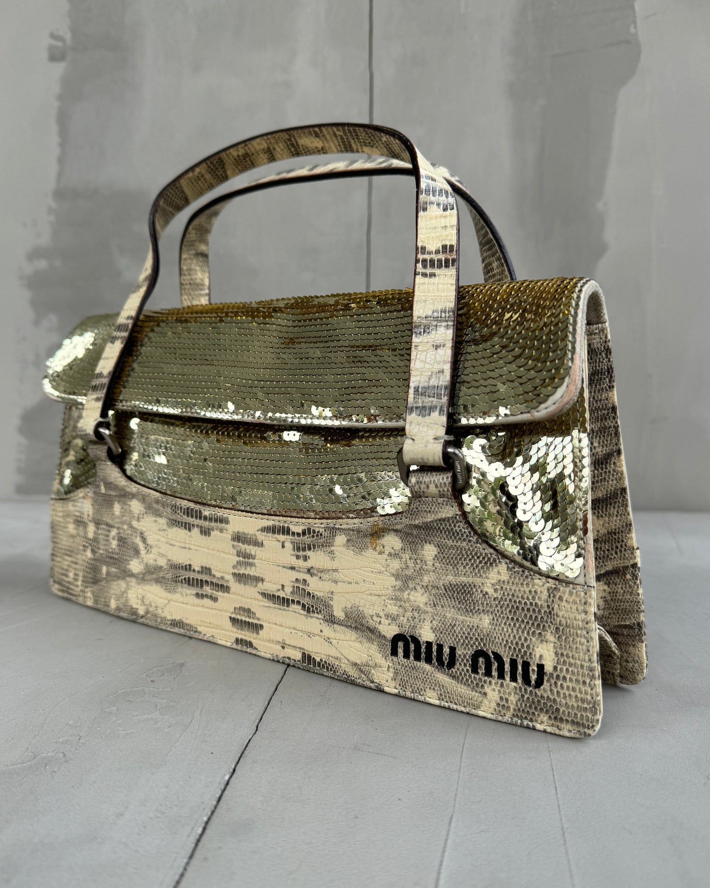 MIU MIU FW99 SEQUIN & PYTHON PRINTED LEATHER BAG | O/S, Beige