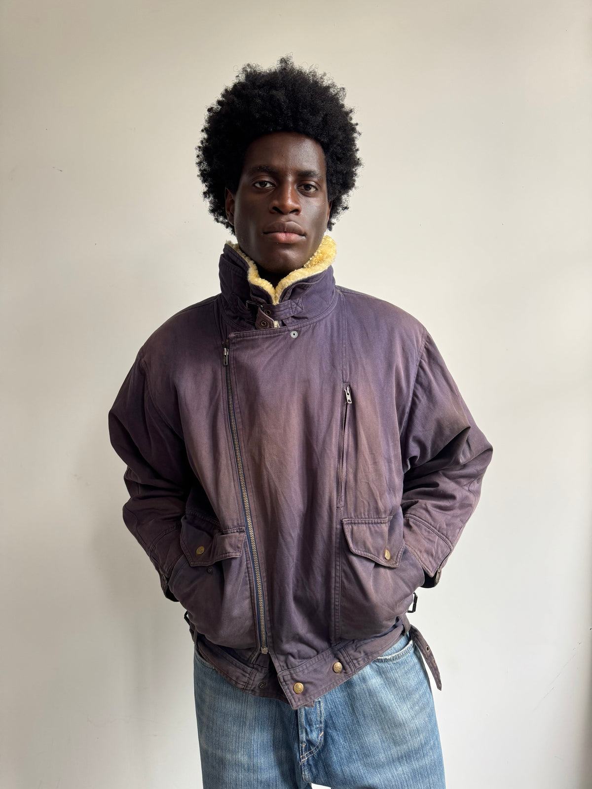 A/W 1986 Marithé + François Girbaud x Closed Asymmetrical Aviator Flight Bomber Jacket | Large, Purple