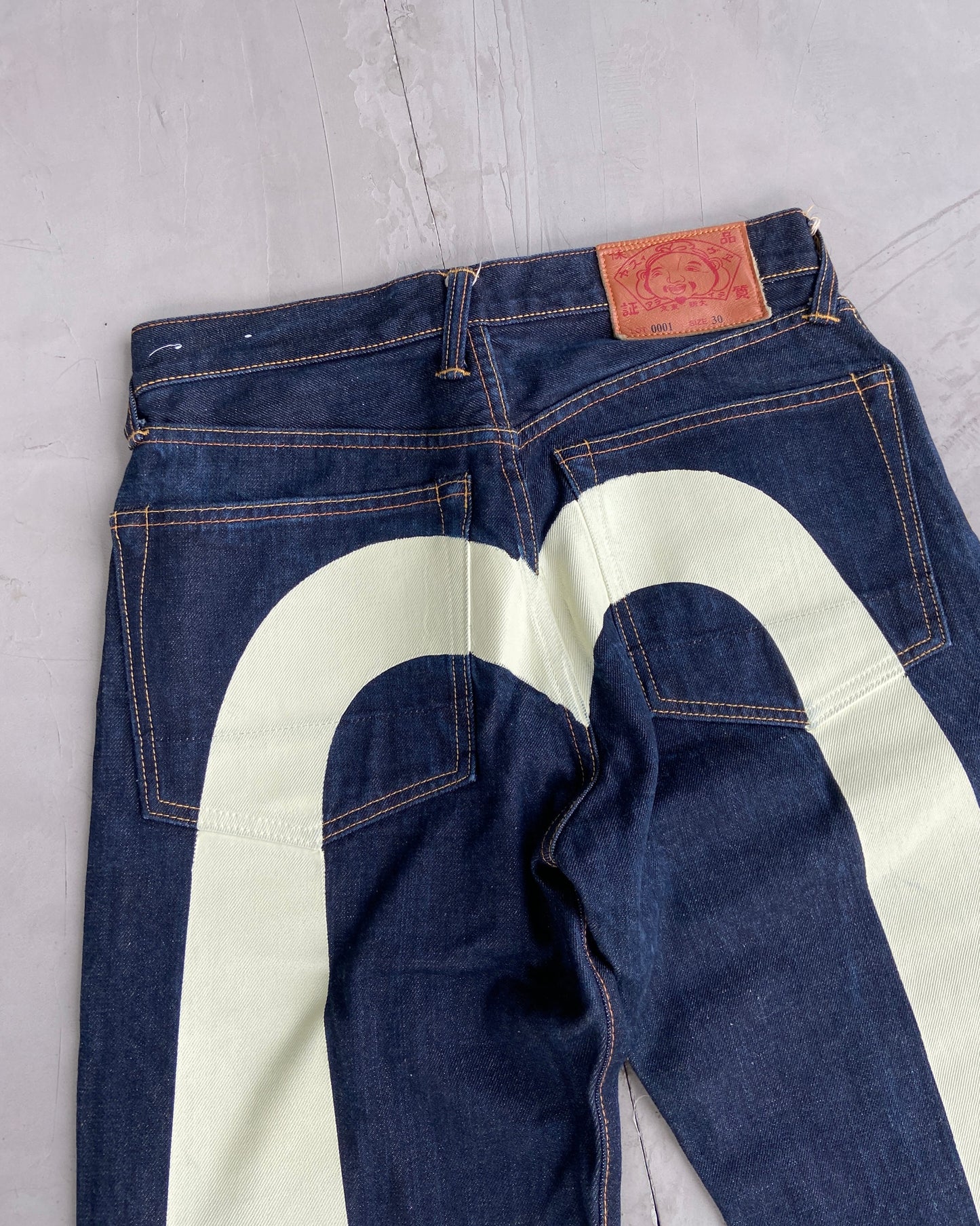 EVISU 2000'S WHITE DAICOCK SELVEDGE DENIM JEANS - W30"