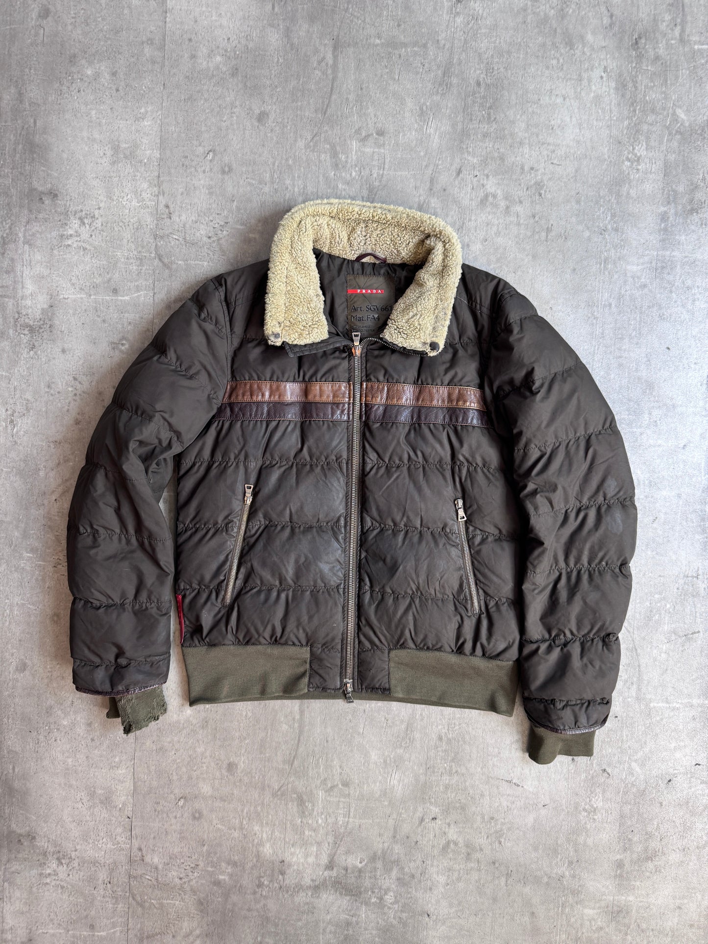 Prada Leather Detail Brown Puffer Jacket