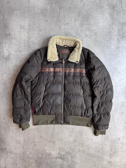 Prada Leather Detail Brown Puffer Jacket