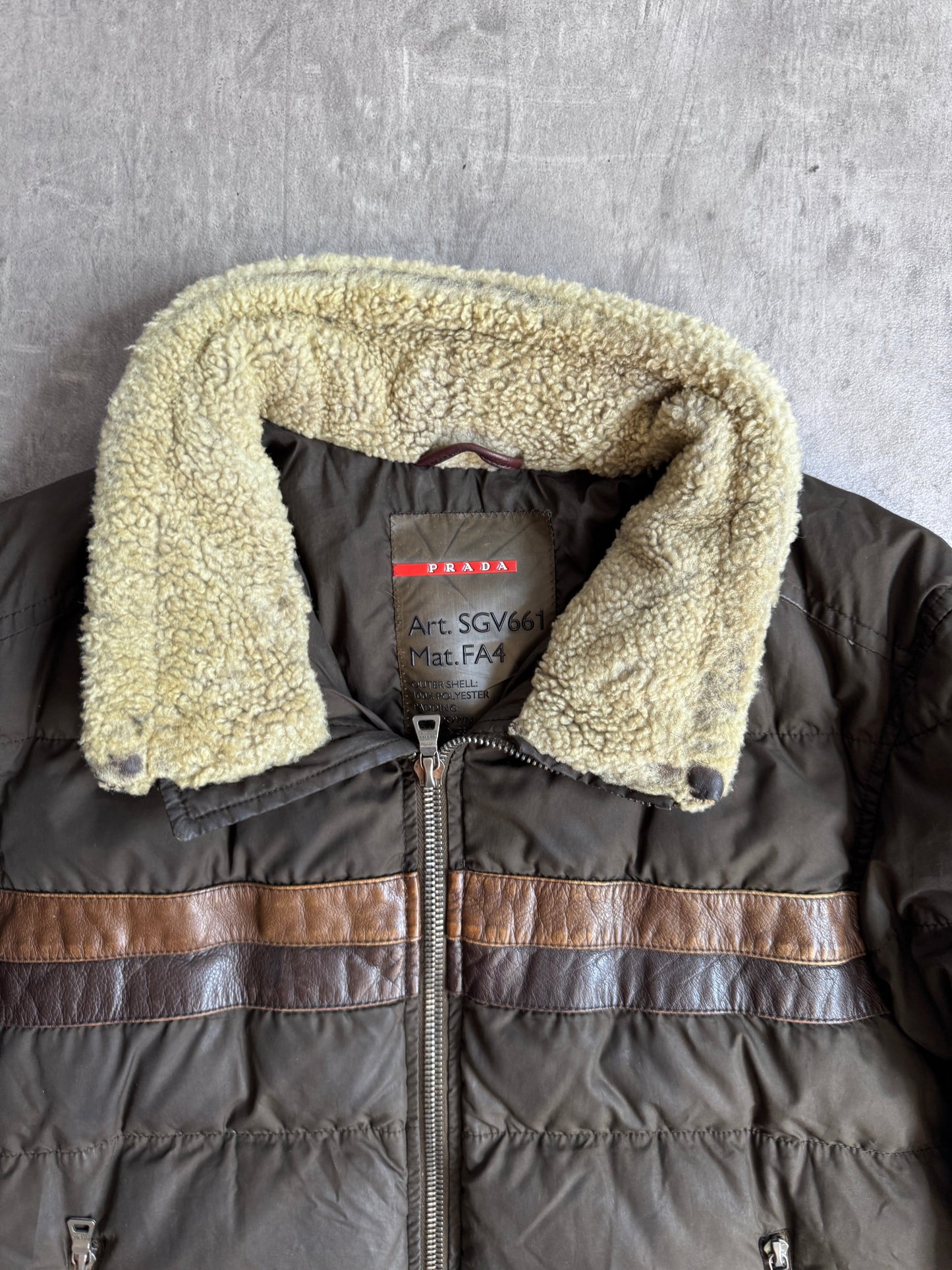 Prada Leather Detail Brown Puffer Jacket