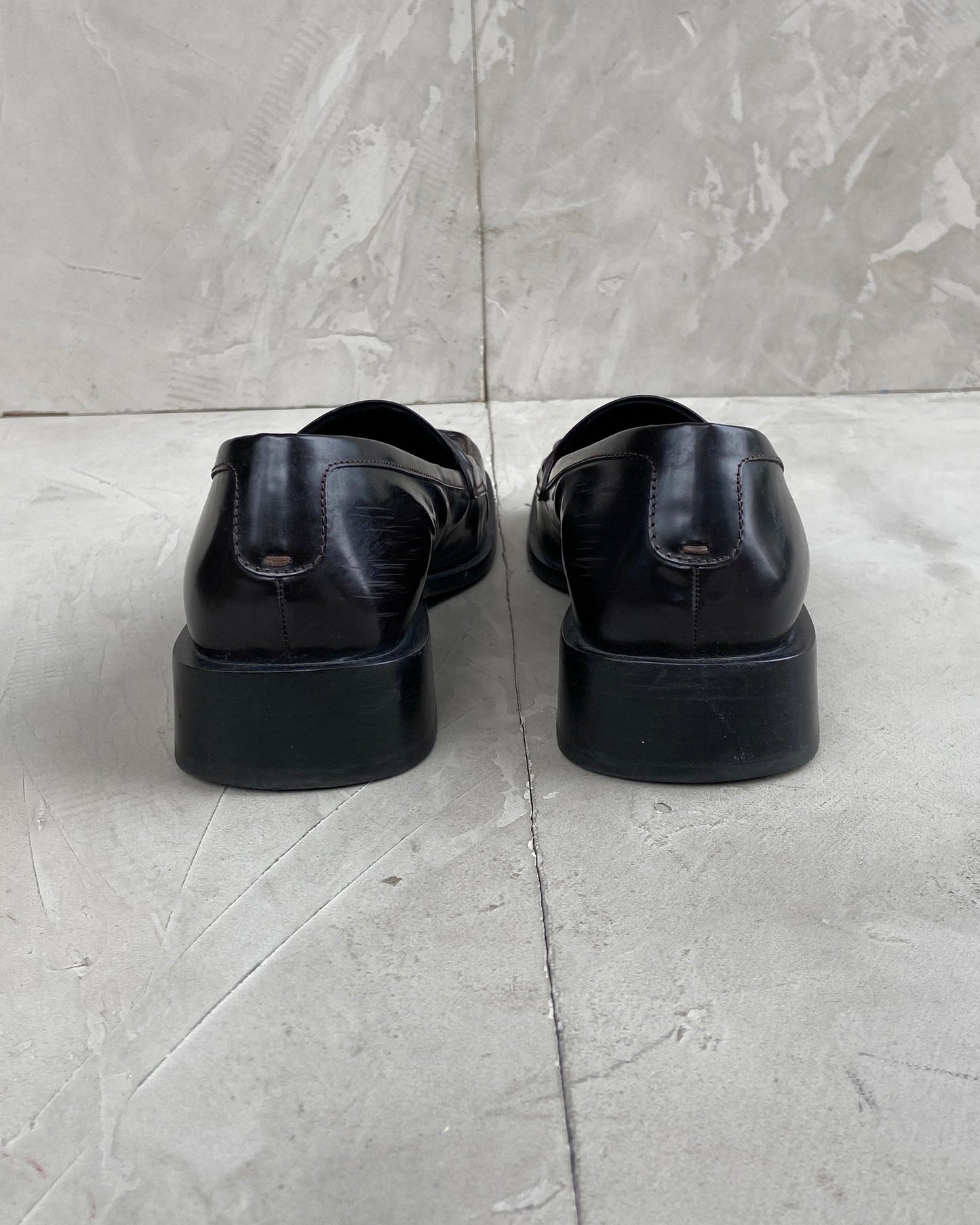 PRADA 90'S SQUARE TOE LEATHER LOAFERS - EU 38 / UK 5 | BLACK, Black