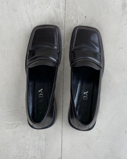 PRADA 90'S SQUARE TOE LEATHER LOAFERS - EU 38 / UK 5 | BLACK, Black