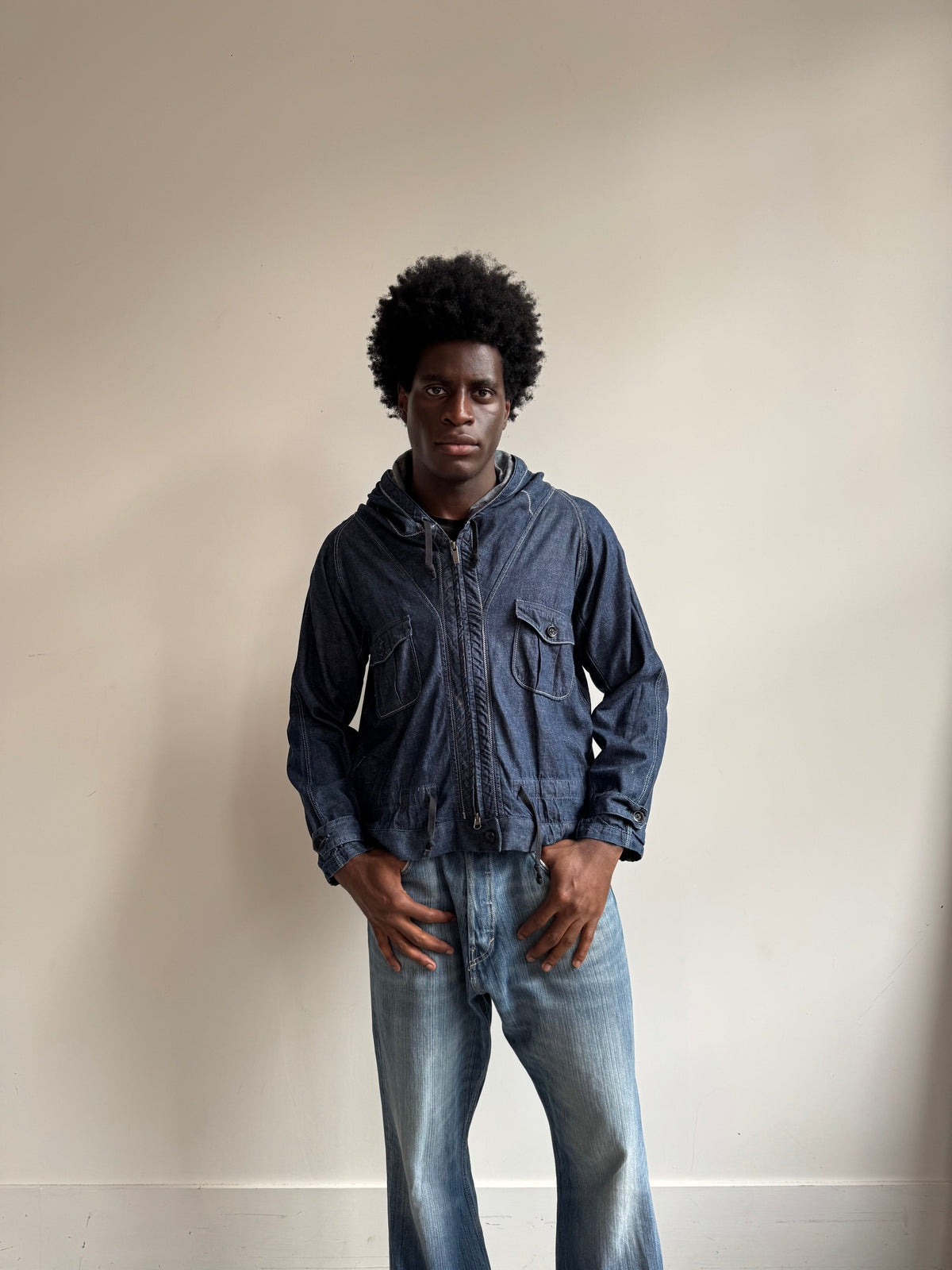 VT Rework: Kapital Hooded Lightweight Denim Jacket | Small, Navy