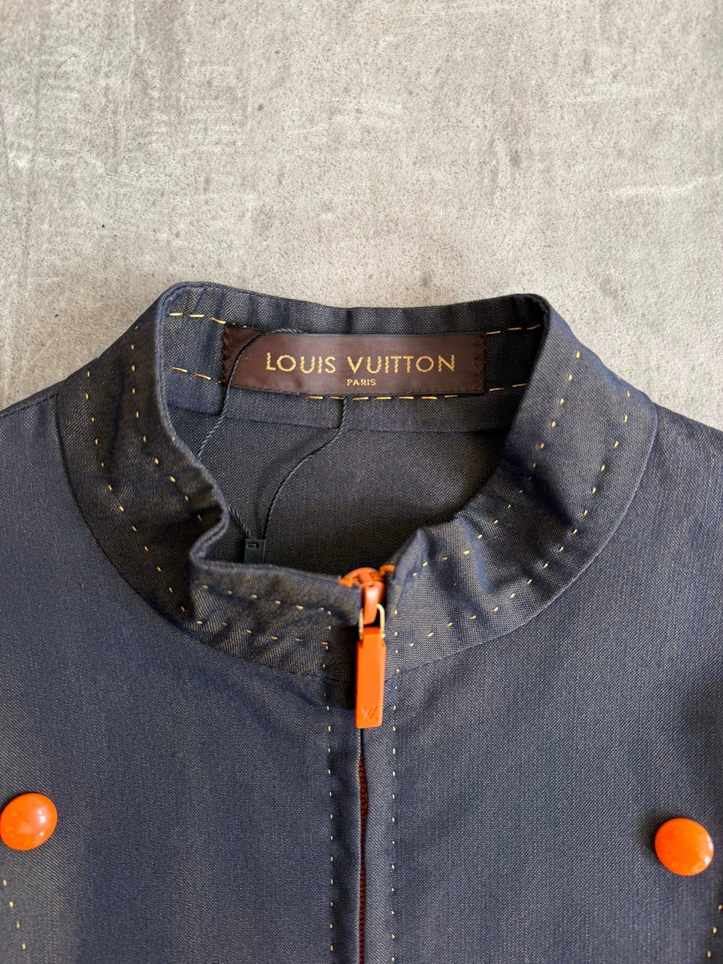 Louis Vuitton Dualtone Denim Mandarin Collar Military Style Jacket | Extra Small, Dark Blue