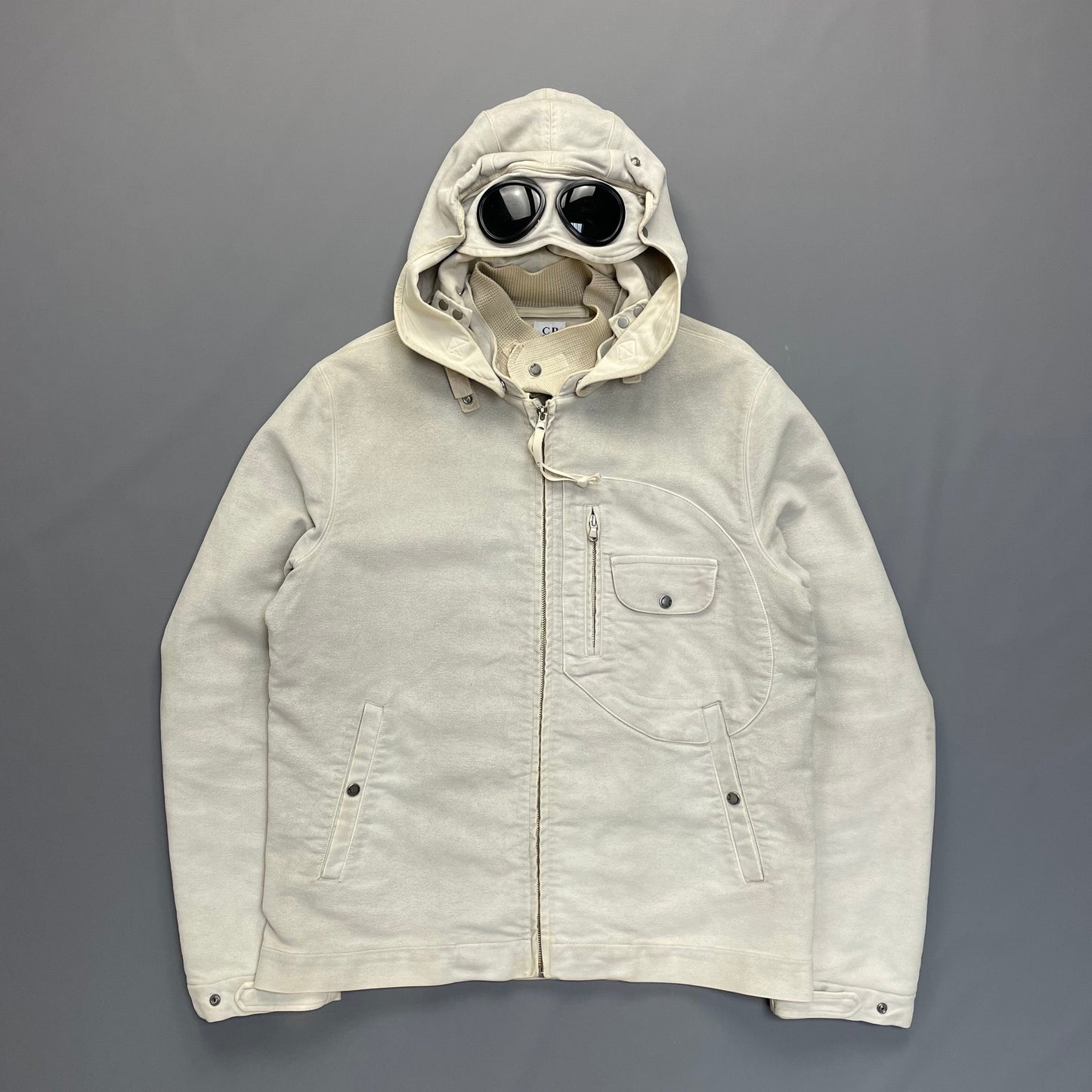 C.P. Company Hand Painted Vintage White Moleskin Archive Goggle Jacket AW04 | X-Large, White