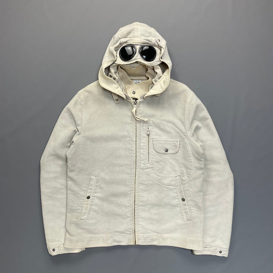 C.P. Company Hand Painted Vintage White Moleskin Archive Goggle Jacket AW04 | X-Large, White
