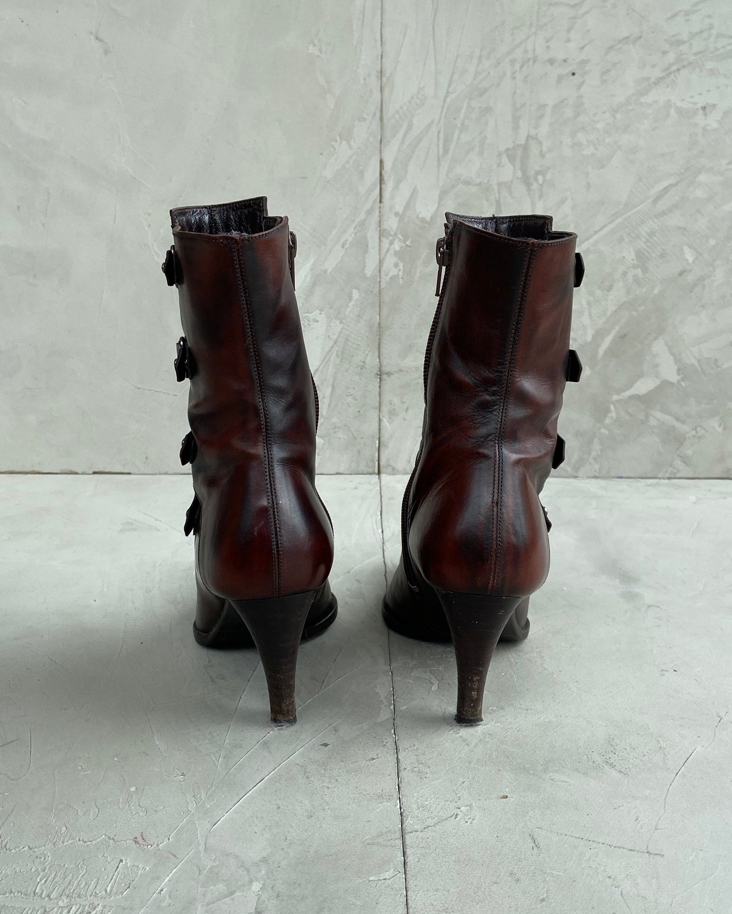 BALENCIAGA 1990'S BUCKLE LEATHER HEELED BOOTS - EU 36 / UK 3