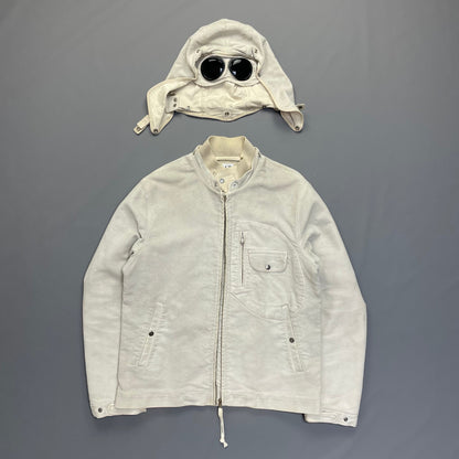 C.P. Company Hand Painted Vintage White Moleskin Archive Goggle Jacket AW04 | X-Large, White