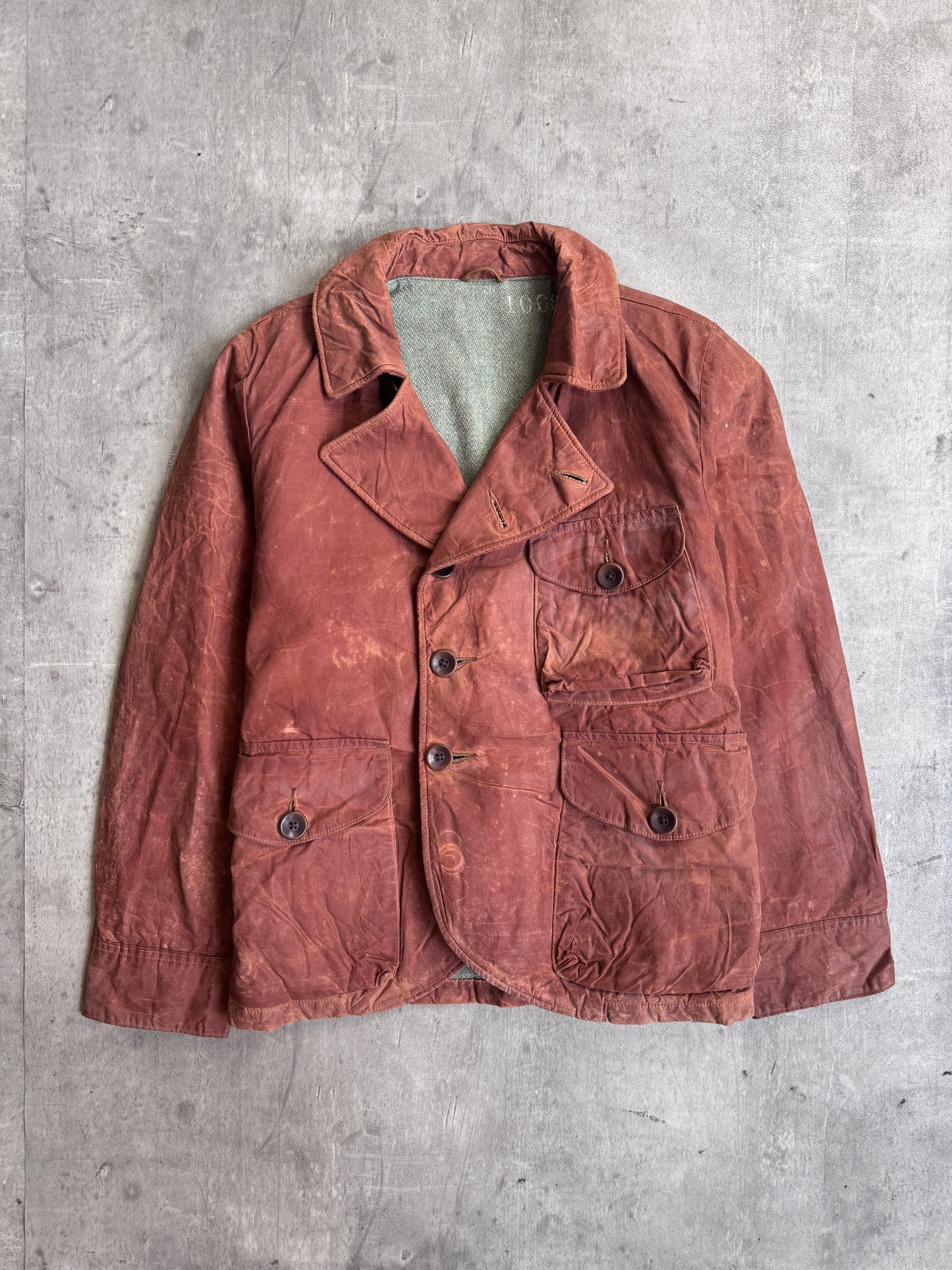 Kapital Asymmetrical Distressed Brown Wax Coated Hunting Jacket