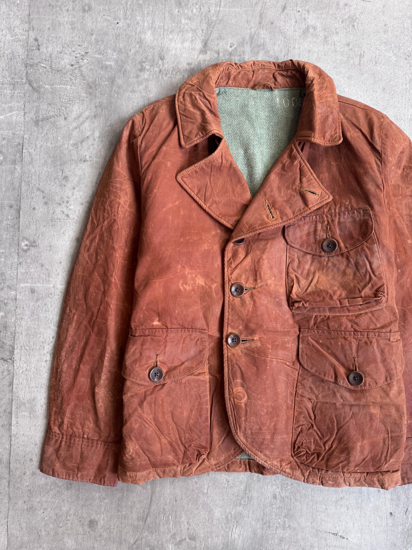 Kapital Asymmetrical Distressed Brown Wax Coated Hunting Jacket