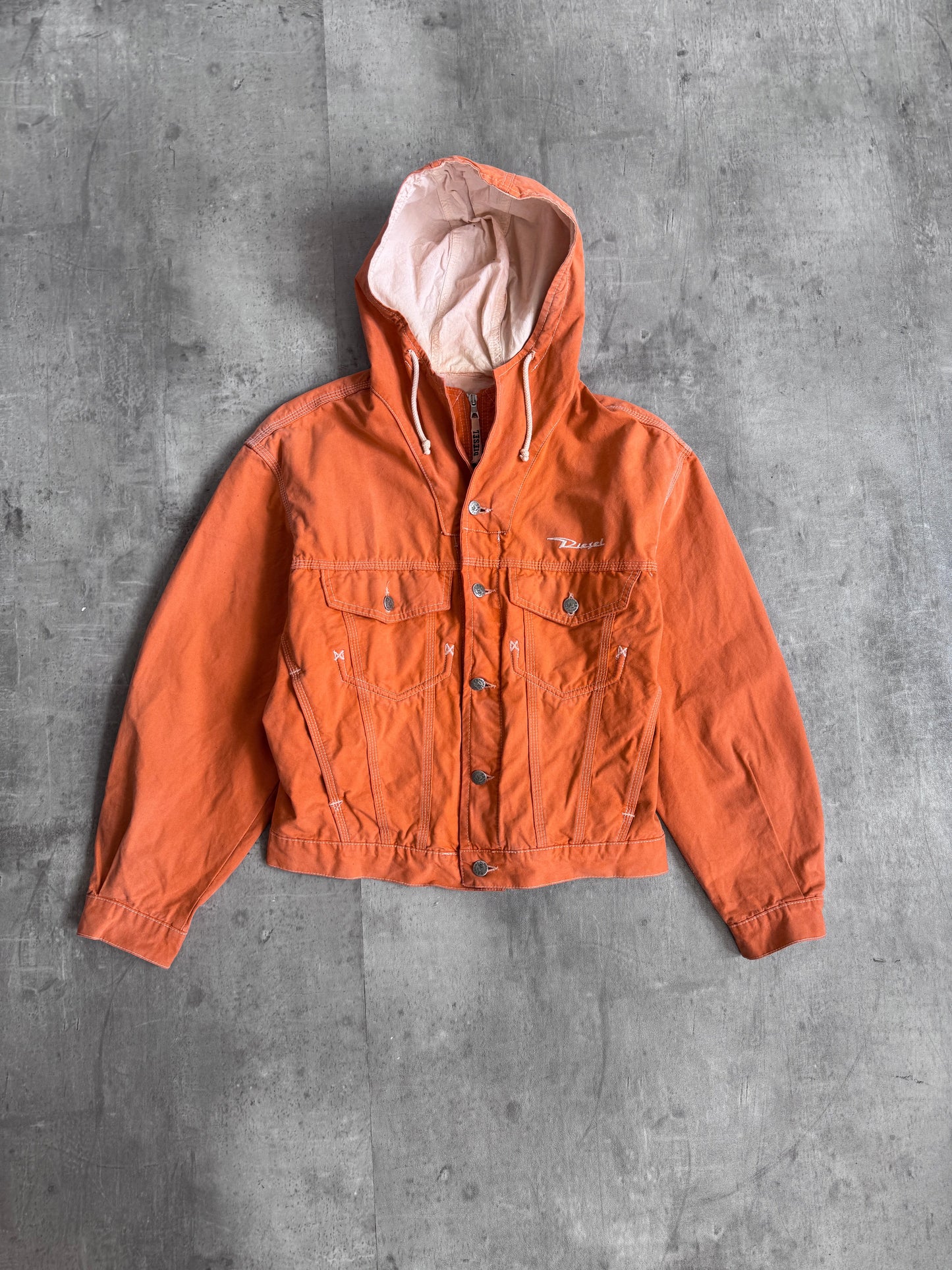 1980s Diesel Washed Orange Hooded Trucker Jacket