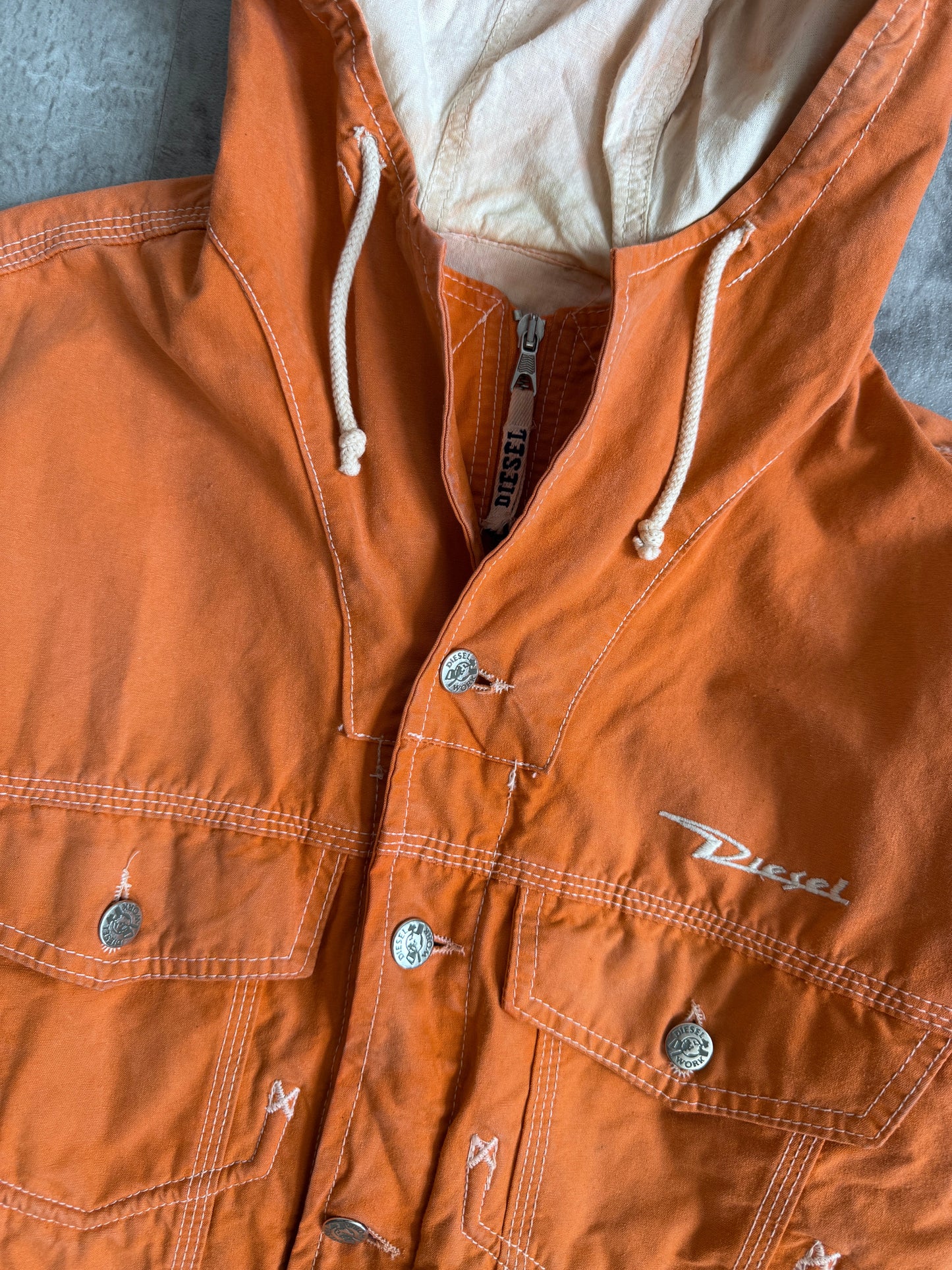 1980s Diesel Washed Orange Hooded Trucker Jacket