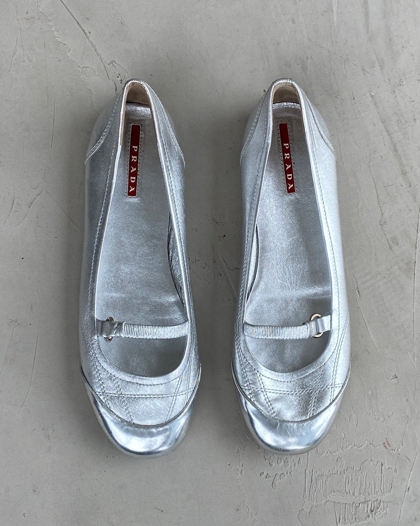 PRADA 2000'S SILVER METALLIC BALLET FLATS - EU 38 / UK 5 | UK 5, Silver