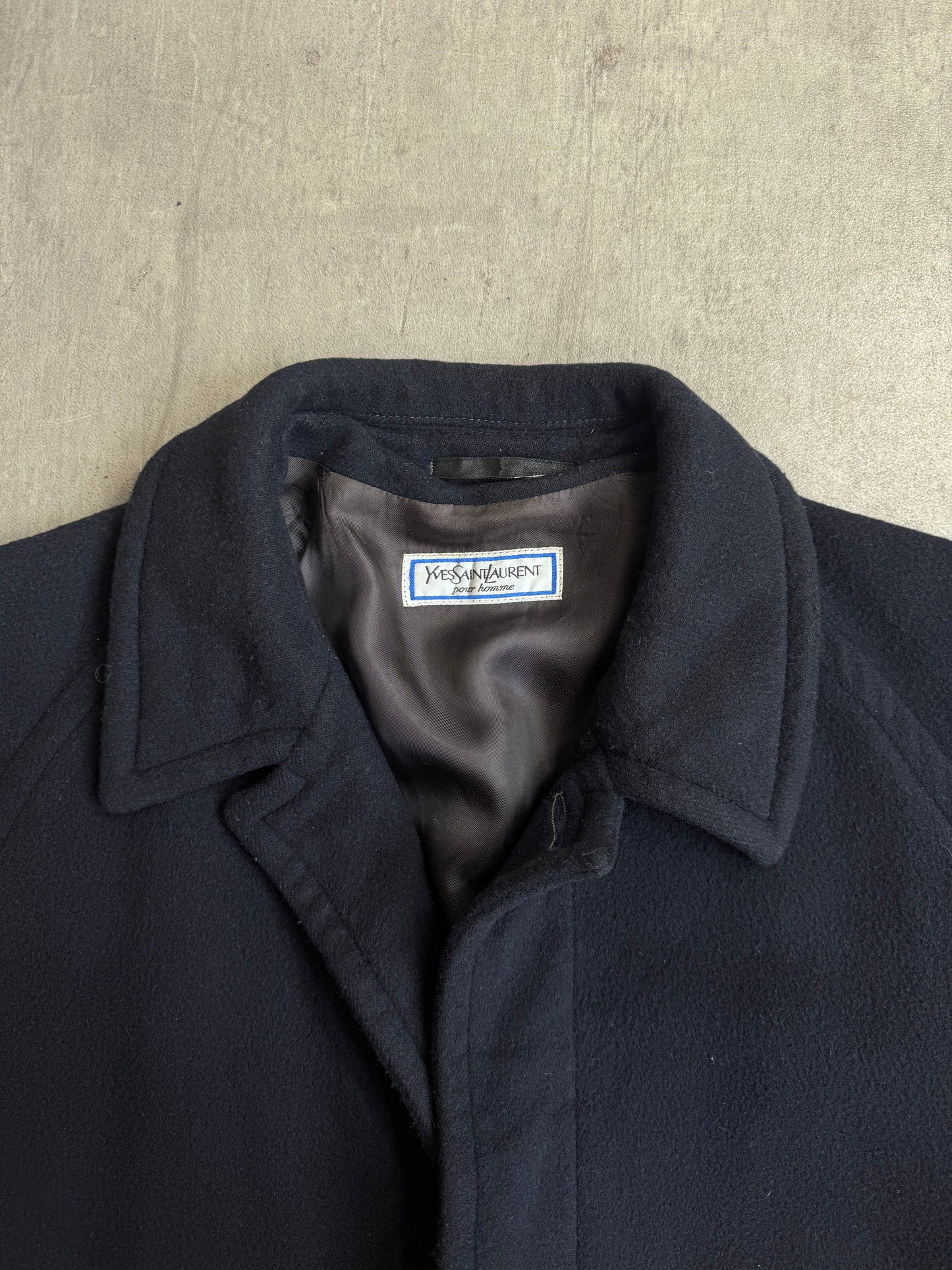 1980's YSL Navy Wool Single Breasted Military Balmacaan Coat