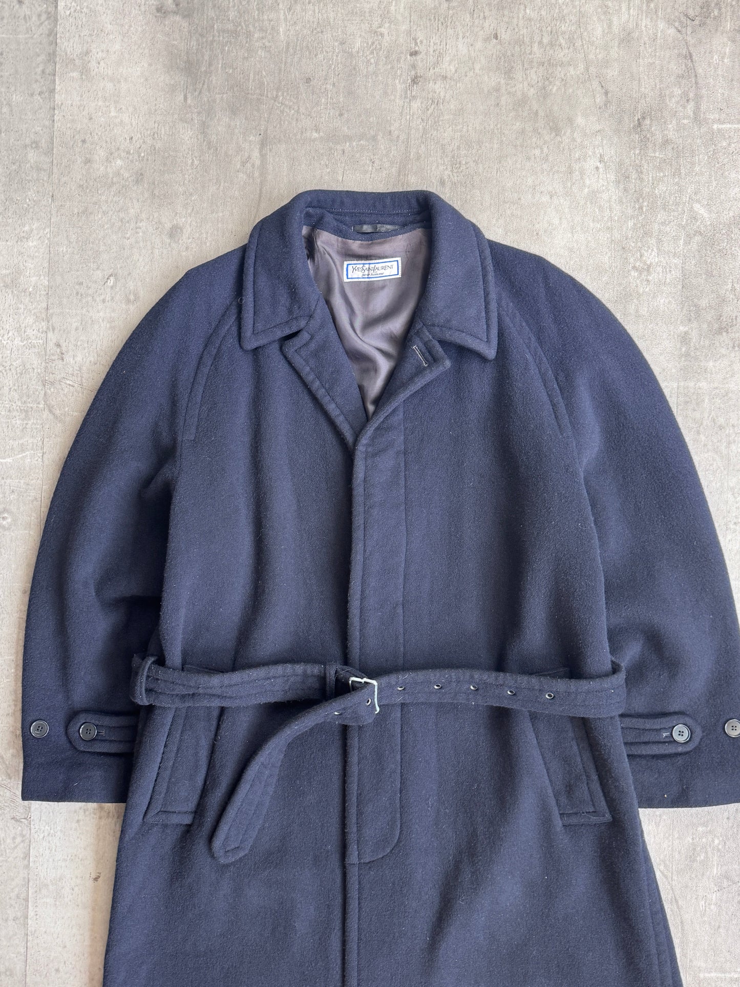 1980's YSL Navy Wool Single Breasted Military Balmacaan Coat