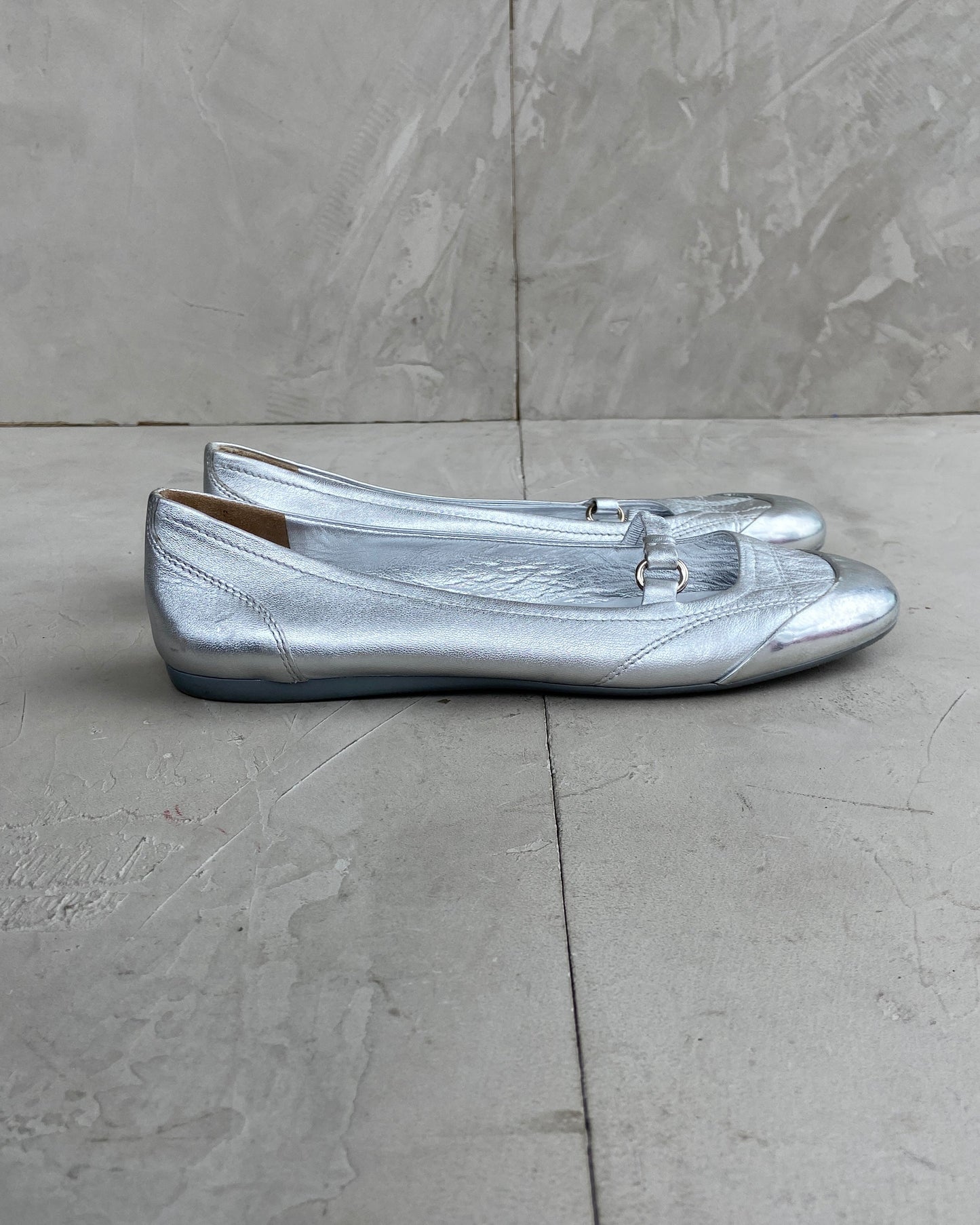 PRADA 2000'S SILVER METALLIC BALLET FLATS - EU 38 / UK 5 | UK 5, Silver