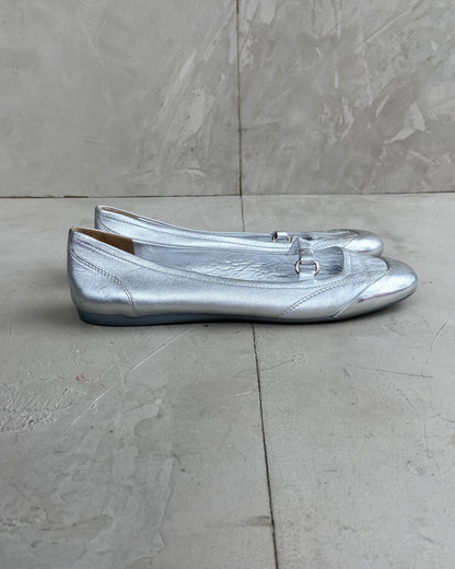 PRADA 2000'S SILVER METALLIC BALLET FLATS - EU 38 / UK 5 | UK 5, Silver