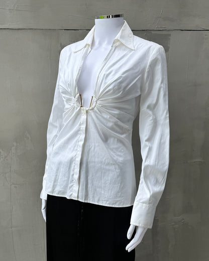 ROBERTO CAVALLI AW07 RUCHED PLUNGING NECKLINE WHITE SHIRT - M