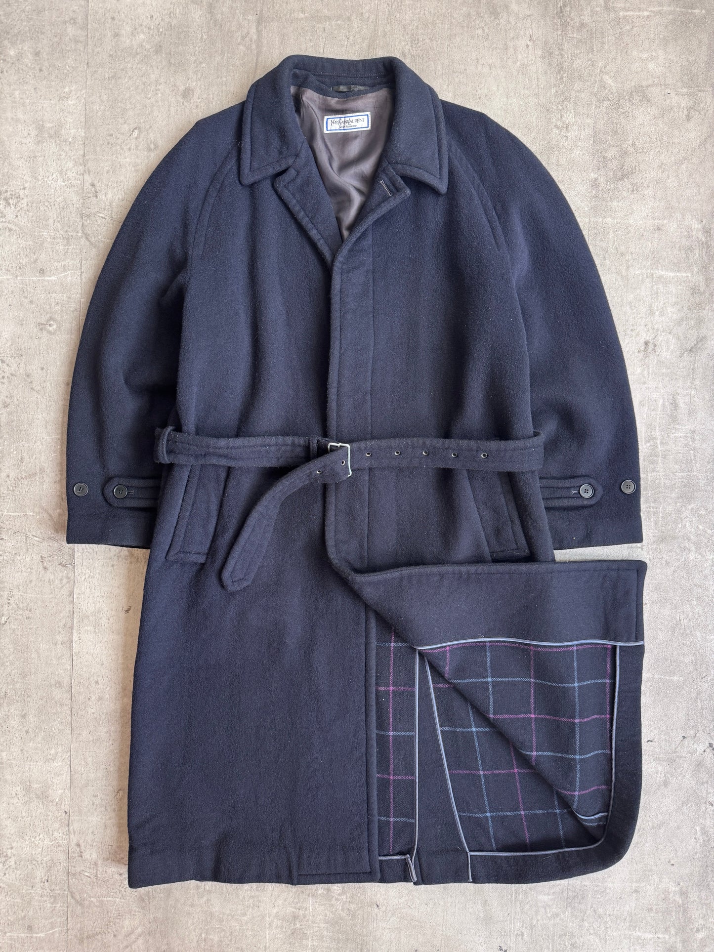 1980's YSL Navy Wool Single Breasted Military Balmacaan Coat