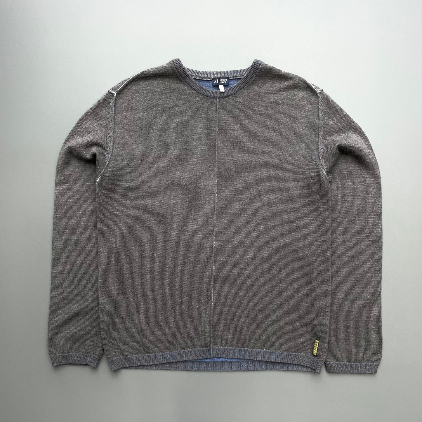 Armani Jeans Grey & Blue 00s Two-Tone Raw Seam Knit Jumper | Large, Blue
