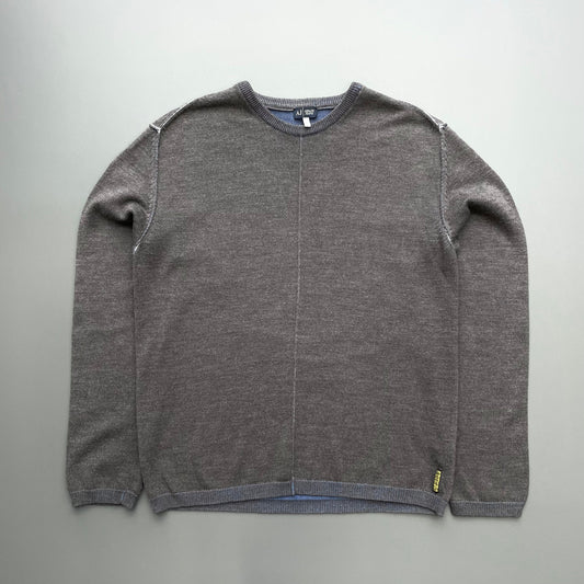 Armani Jeans Grey & Blue 00s Two-Tone Raw Seam Knit Jumper | Large, Blue