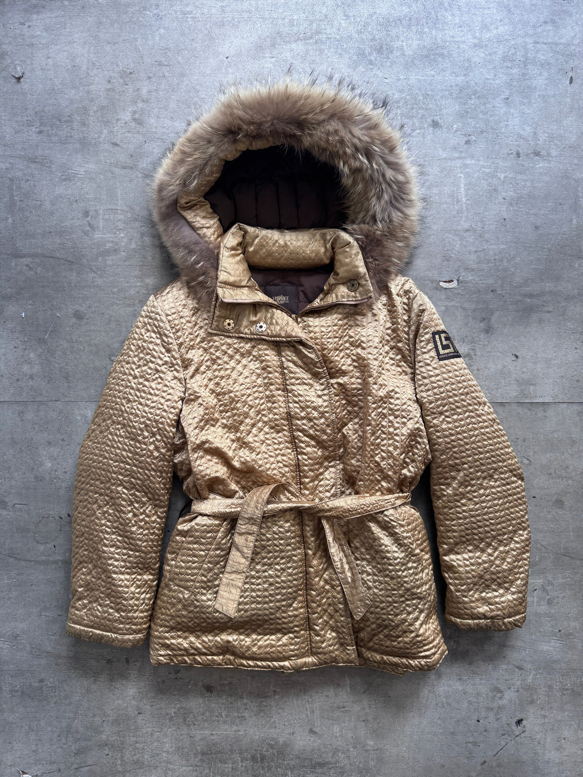 Versace Gold Quilted Parka Jacket | Large, Multicoloured