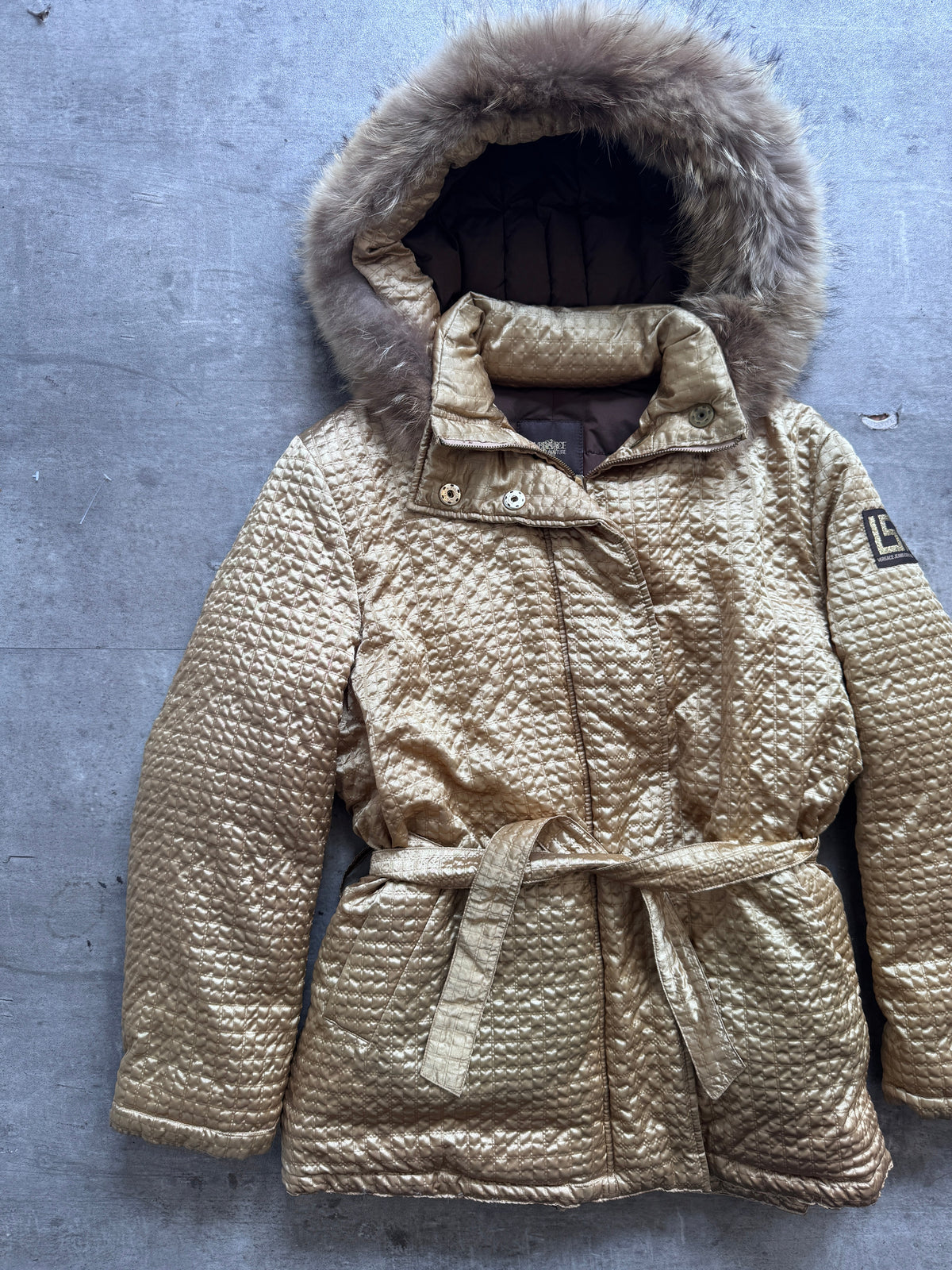 Versace Gold Quilted Parka Jacket | Large, Multicoloured