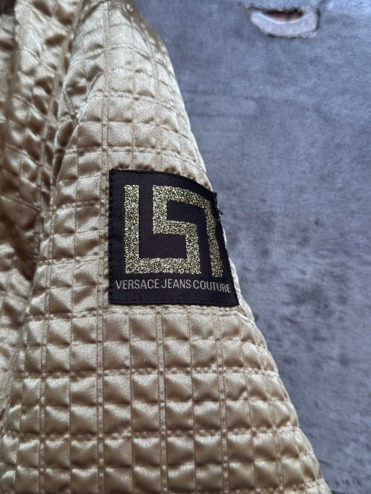 Versace Gold Quilted Parka Jacket | Large, Multicoloured