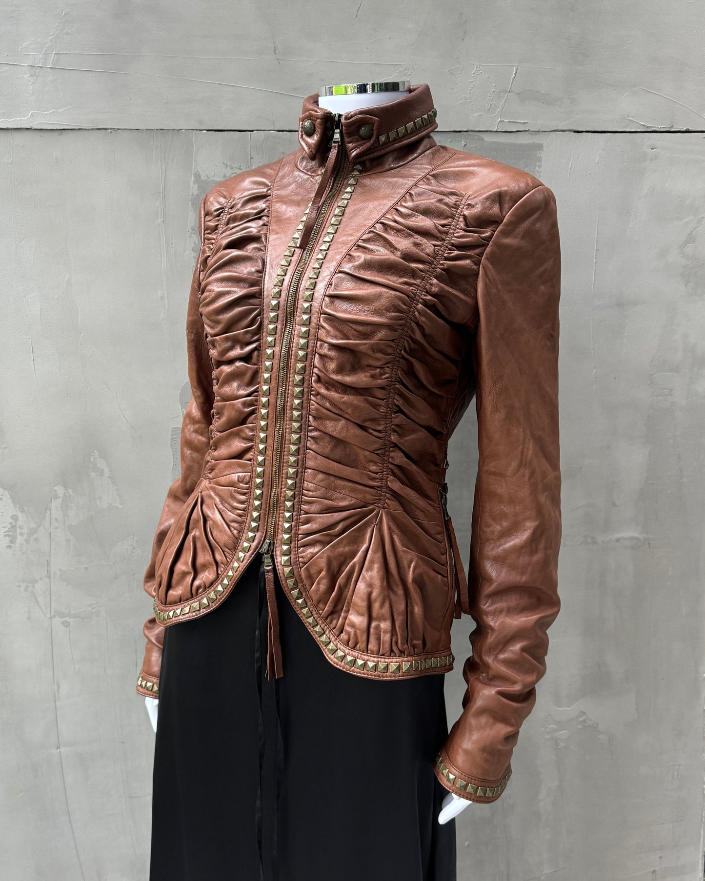 ROBERTO CAVALLI AW05 RUCHED STUDDED LEATHER JACKET - M