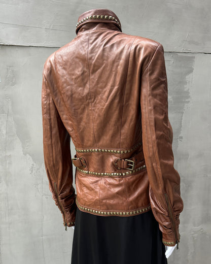 ROBERTO CAVALLI AW05 RUCHED STUDDED LEATHER JACKET - M