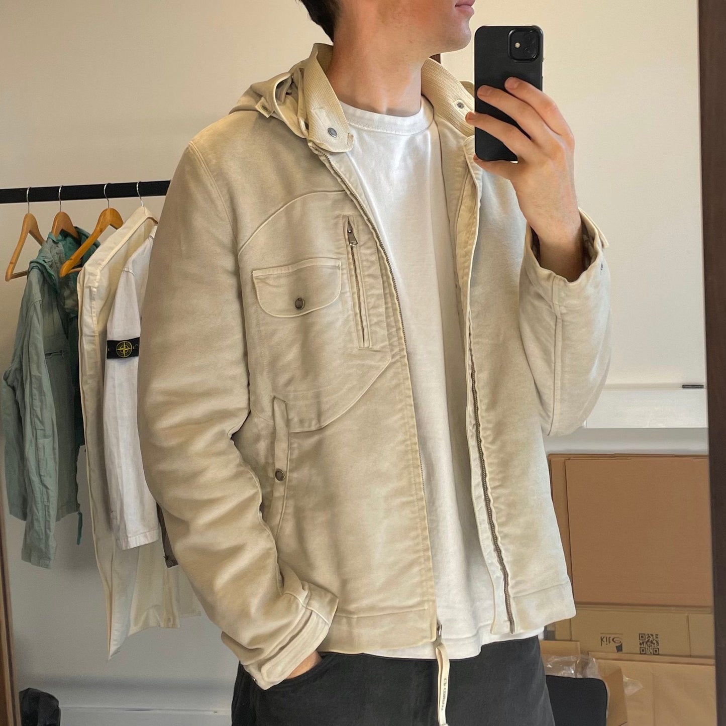 C.P. Company Hand Painted Vintage White Moleskin Archive Goggle Jacket AW04 | X-Large, White