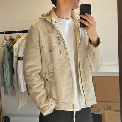 C.P. Company Hand Painted Vintage White Moleskin Archive Goggle Jacket AW04 | X-Large, White