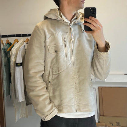 C.P. Company Hand Painted Vintage White Moleskin Archive Goggle Jacket AW04 | X-Large, White