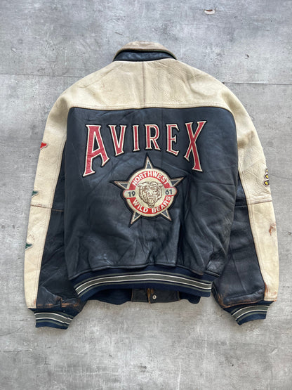 1990's Avirex Varsity Northwest Wild Bears Leather Bomber Jacket | Extra Large, Black, Beige