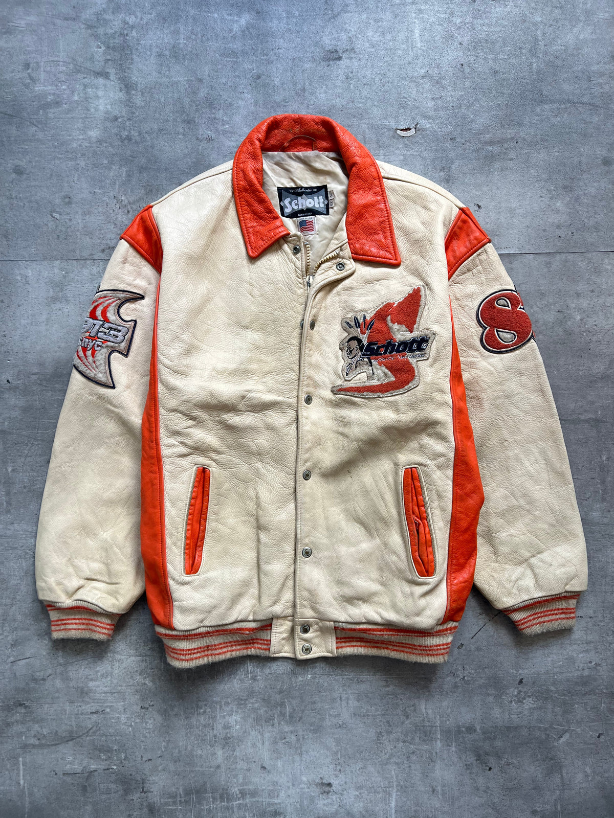 1990's Schott NYC 'Authentic New Yorker' Two Tone Leather Varsity Jacket | Extra Extra Extra Large, Cream and Red