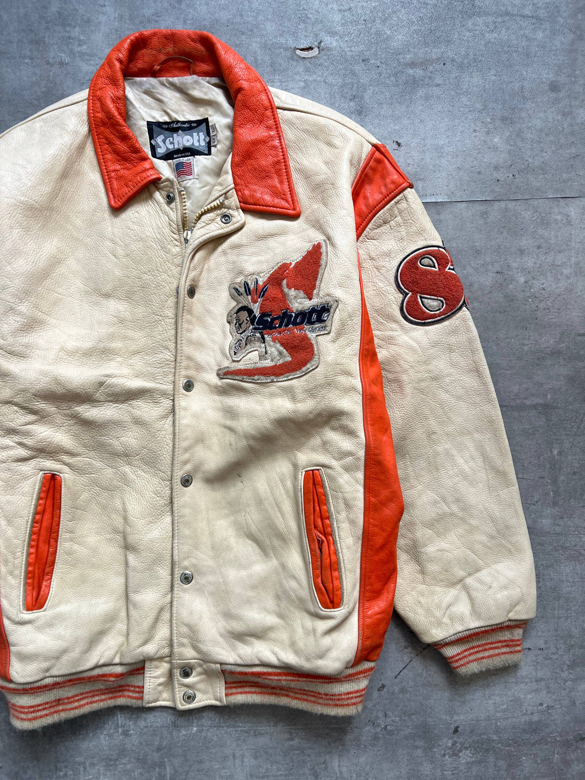 1990's Schott NYC 'Authentic New Yorker' Two Tone Leather Varsity Jacket | Extra Extra Extra Large, Cream and Red