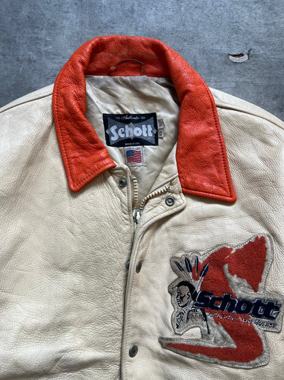 1990's Schott NYC 'Authentic New Yorker' Two Tone Leather Varsity Jacket | Extra Extra Extra Large, Cream and Red