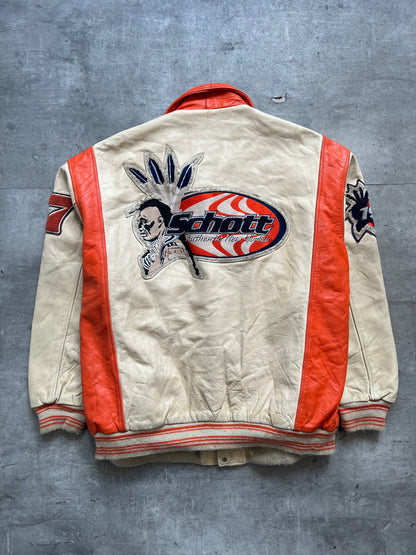 1990's Schott NYC 'Authentic New Yorker' Two Tone Leather Varsity Jacket | Extra Extra Extra Large, Cream and Red