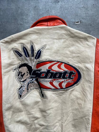 1990's Schott NYC 'Authentic New Yorker' Two Tone Leather Varsity Jacket | Extra Extra Extra Large, Cream and Red