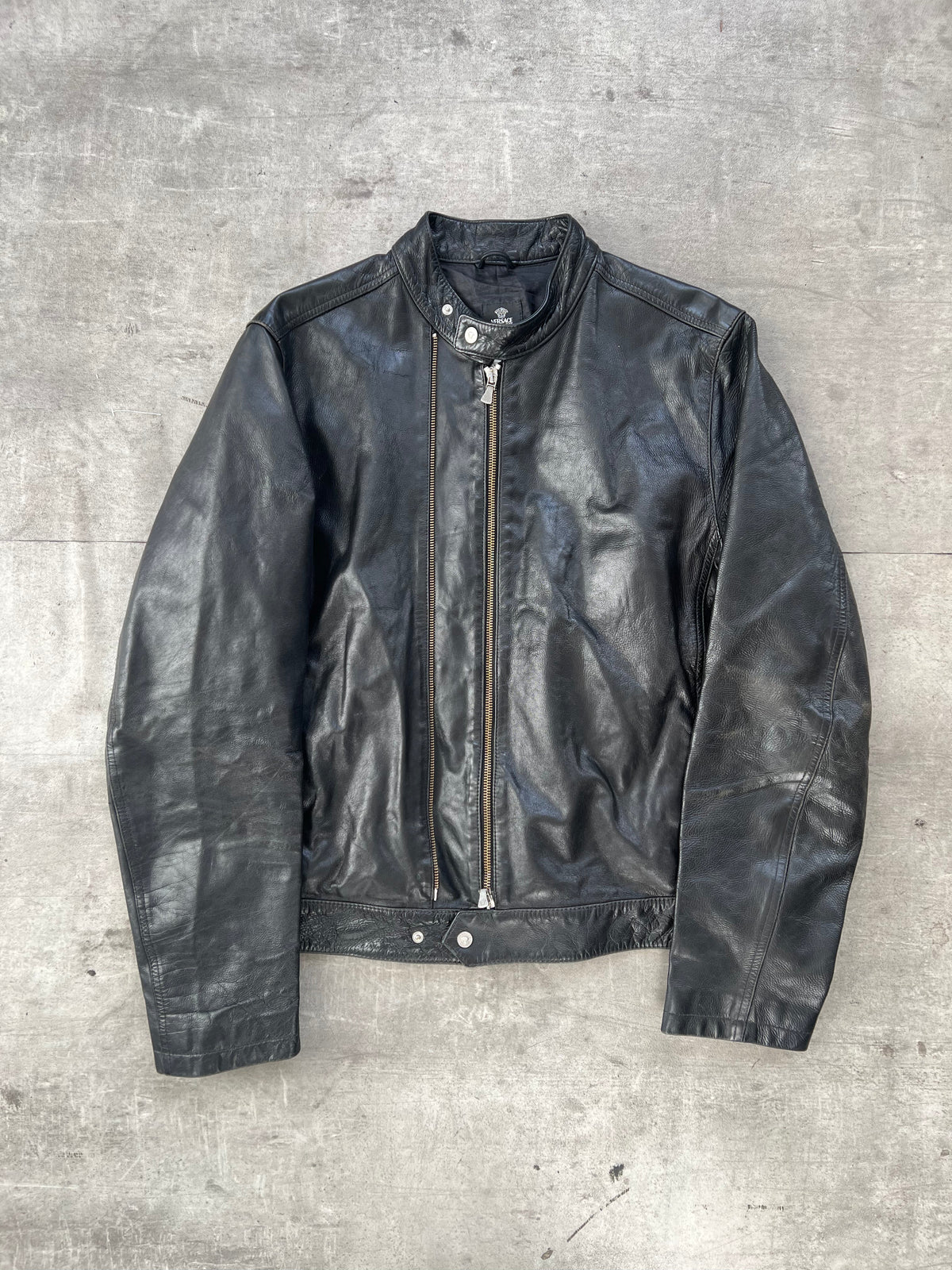 1990's Versace Jeans Double Zip Leather Cafe Racer Jacket | Medium, Black