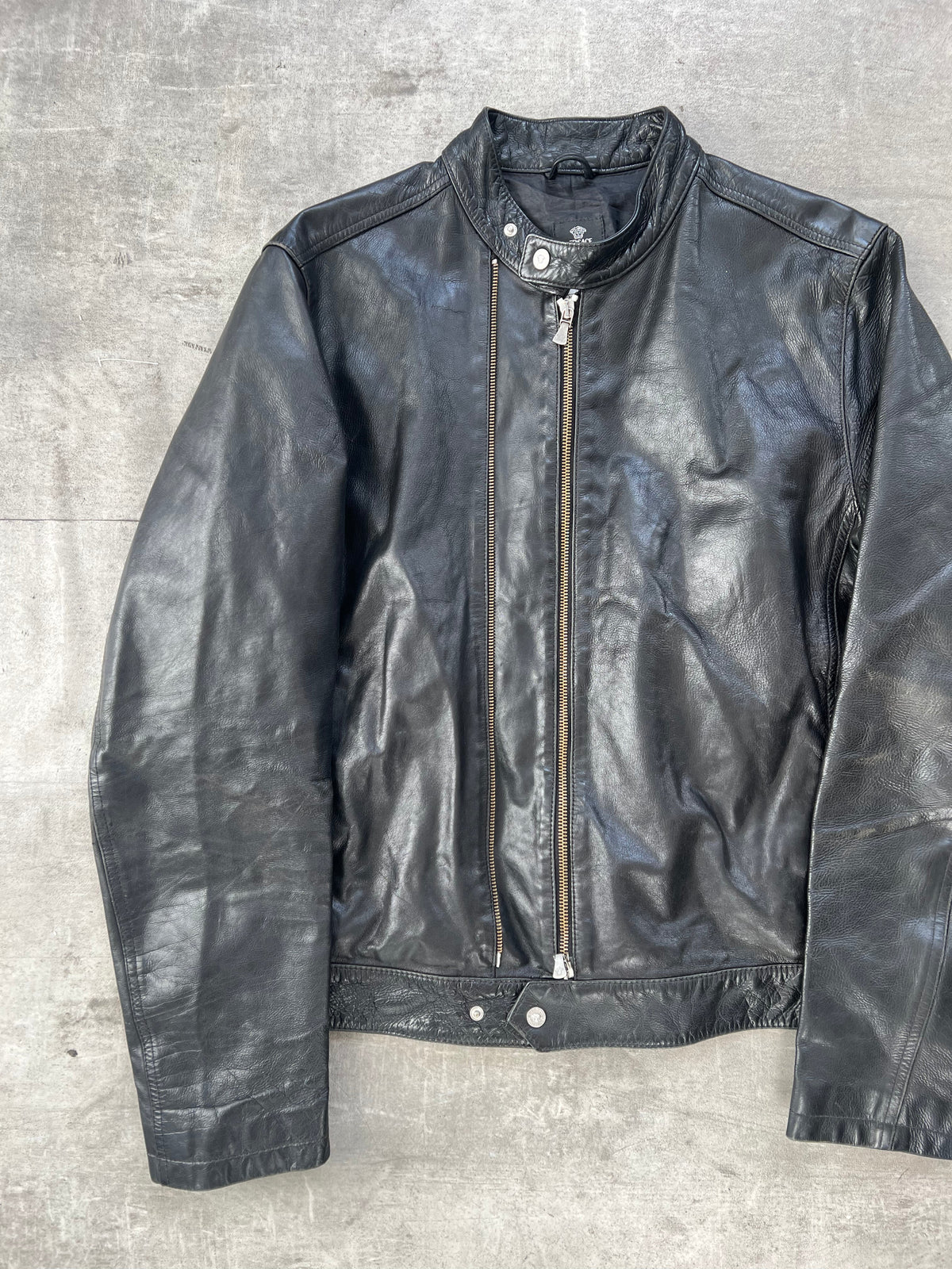 1990's Versace Jeans Double Zip Leather Cafe Racer Jacket | Medium, Black