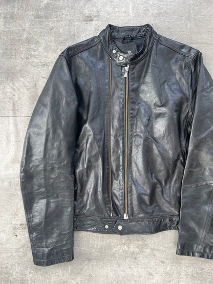 1990's Versace Jeans Double Zip Leather Cafe Racer Jacket | Medium, Black